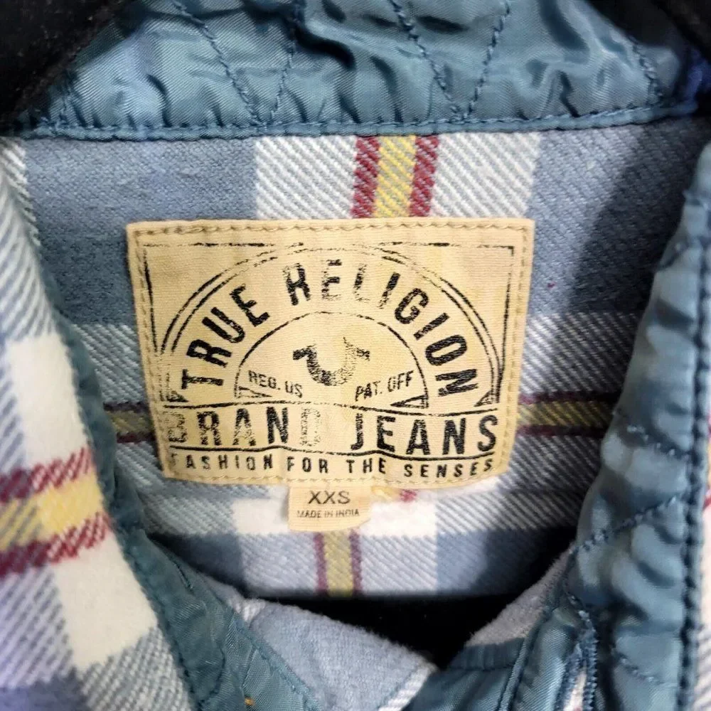 True Religion Mens XXS Indigo Grey‎ Plaid Cotton Flannel Button Front Shirt